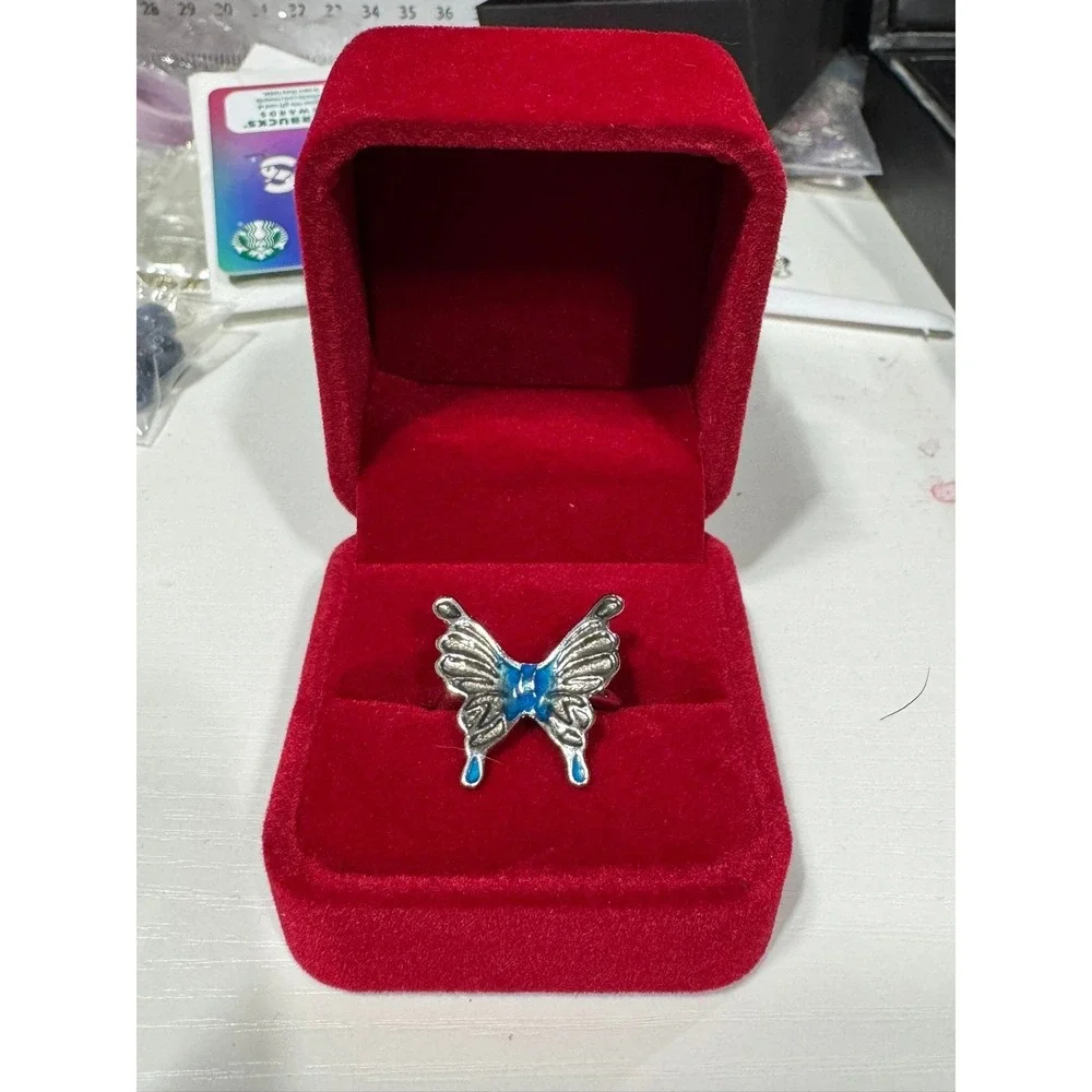 Silver Tone Blue Enamel Butterfly Statement Ring Adjustable Size‎ 5.25 Y2K Style
